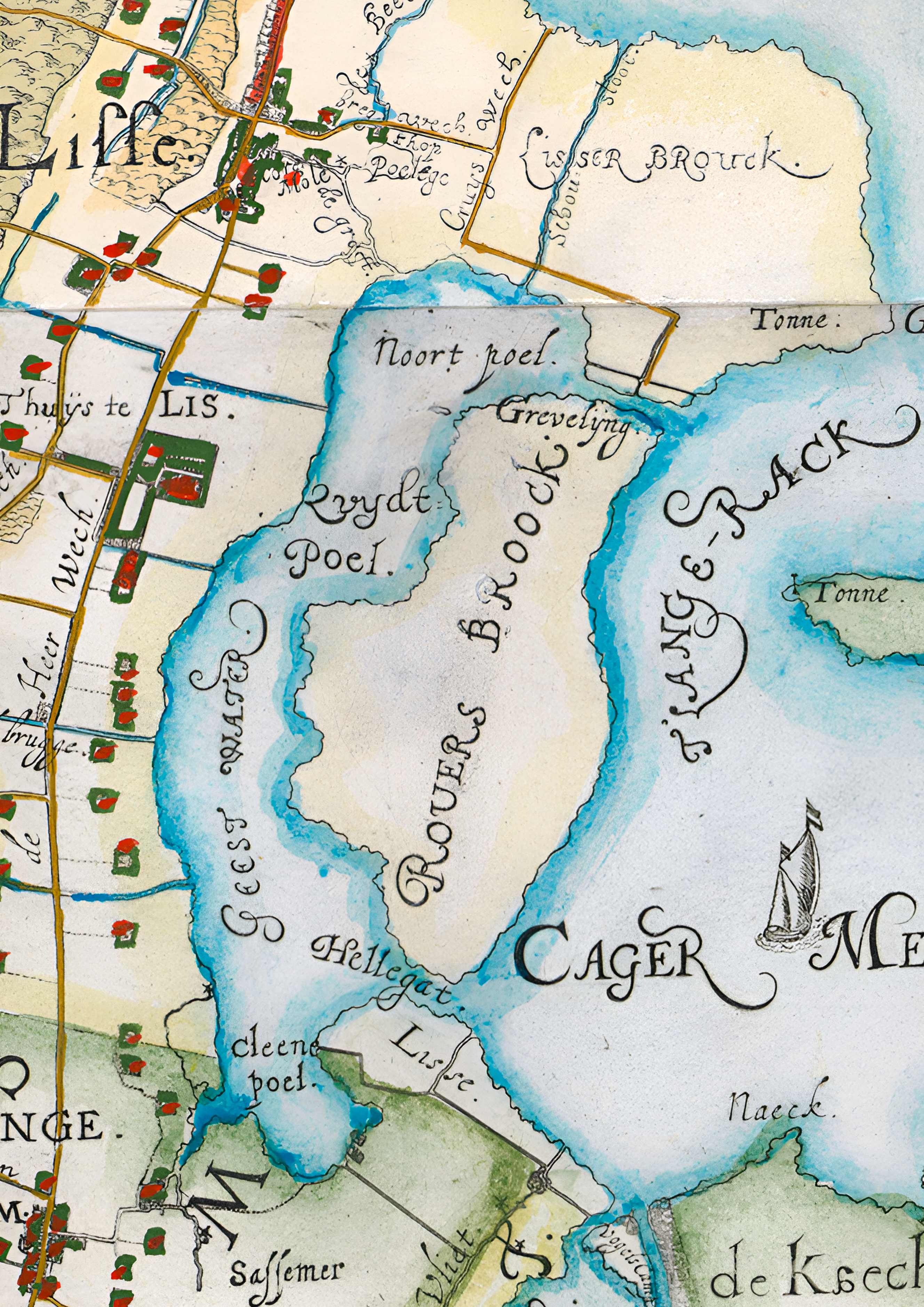 De Lisserpoel in 1615. Tussen de Lisserpoel en het Cagermeer lag het eiland Rooversbroek. (Uitsnede van de kaart van Rijnland door Floris Balthasars en Balthasar Florisz, 1615.)