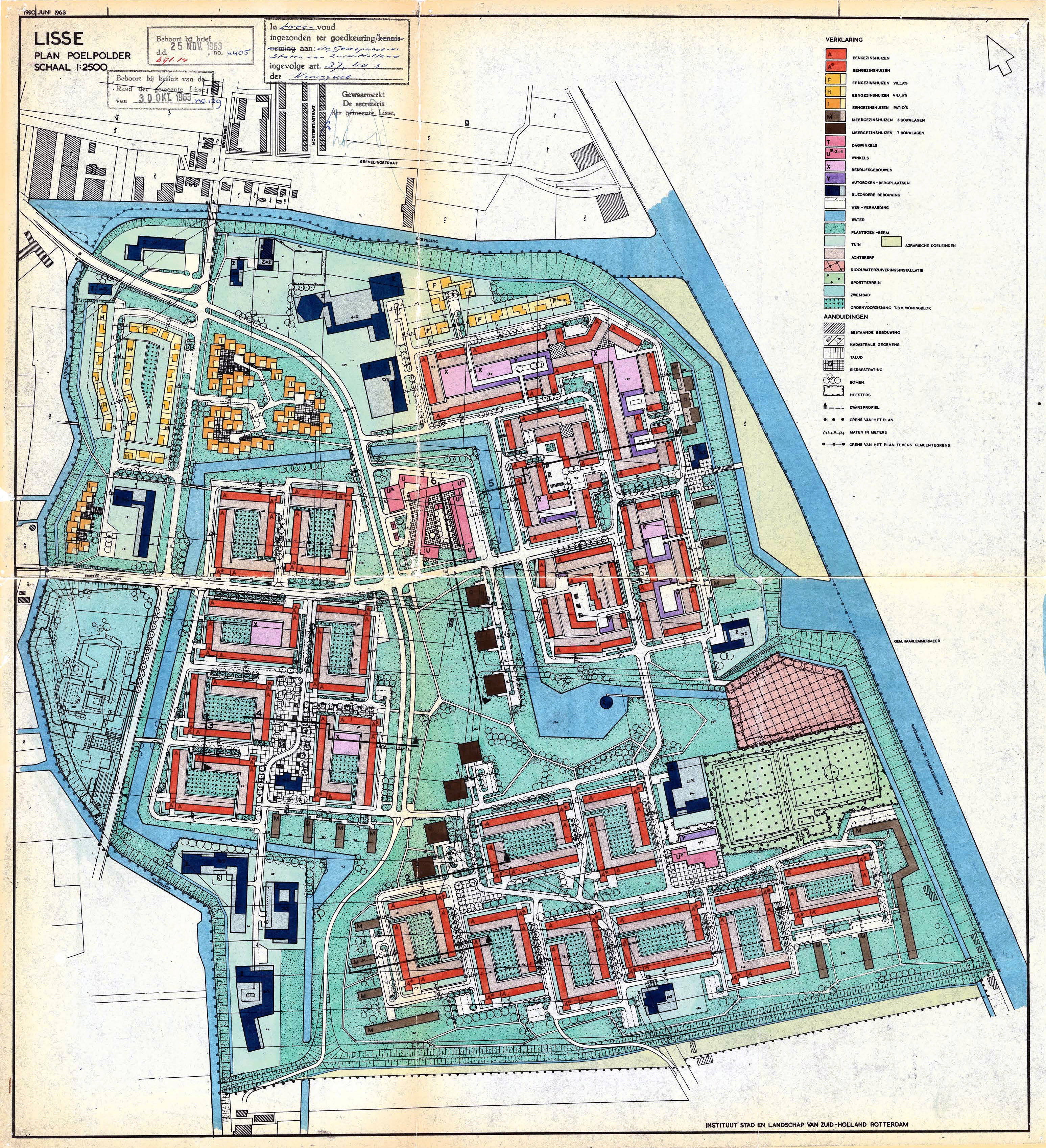 Tekening die deel uitmaakte van het uitbreidingsplan Poelpolder uit 1963. Het was een stedenbouwkundige opzet die later gedetailleerd is ingevuld. Verschillende onderdelen zijn nooit gerealiseerd, zoals een zwembad en een brug over de Greveling ter hoogte van de Broekweg.