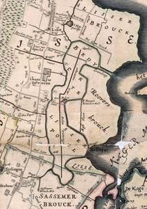 De Poelpolder in 1647. Uitsnede van de overzichtskaart van Rijnland van Jan Jansz. Douw en Steven Pietersz. van Brouckhuijsen, 1647.