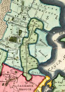 De Poelpolder in 1687. (Fragment overzichtskaart Rijnland, tweede druk uit 1687 van de kaart van Dou en Van Brouckhuijsen, herzien door Johannes Douw de Jonge.)