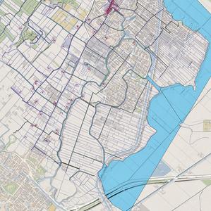 Kaart van de oorspronkelijke Ringsloot en de Poelpolder. De basis van de kaart is de situatie van 1830. In de ondergrond is ook de huidige situatie zichtbaar. De Ringvaart van de Haarlemmermeer is in de negentiende eeuw dwars door de toenmalige Lisserbroek getrokken. (Bewerking: Henk Schaap, 2024.)