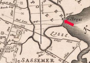 Vóór de droogmaking stond de Lisserpoel op twee punten in verbinding met het Cagermeer: via de Greveling en het Hellegat. Bij de droogmaking werd een dam in het Hellegat gemaakt. (Fragment van de kaart van Rijnland door Cornelis Danckerts uit 1687, Rijksmuseum.)