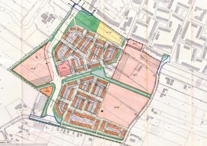 Het plan voor Poelpolder-Zuid. Het voorzag in woningbouw ten oosten van de doorgetrokken Ruishornlaan. Fragment van de tekening bij bestemmingsplan Poelpolder-Zuid, 1988.