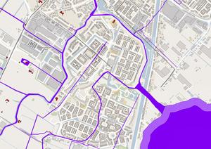 Kaart van de Greveling vóór de droogmaking. De Lisserpoel had twee verbindingen met het Cagermeer: het Hellegat en de Greveling. De oorspronkelijke Greveling lag zuidelijker dan het water dat tegenwoordig die naam draagt. (Bewerking: Henk Schaap, 2024.)