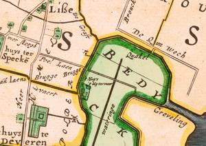 Het huis Uitermeer was één van de eerste gebouwen in de polder. De buitenplaats heeft bestaan van 1642 tot ongeveer 1770. Op deze kaart uit 1687 is de locatie van Uitermeer ingetekend. (Fragement van de overzichtskaart van Rijnland door Dou en Van Brouckhuijsen, herzien door Johannes Douw de Jonge in 1687.)