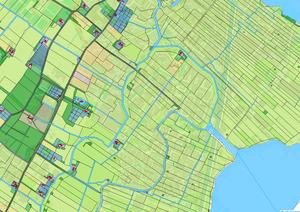 Boerderij Poeleway lag aan de noordkant van de polder, bij de Greveling. Boerderij Langeveld ligt langs het westelijk deel van de Ringsloot, bij de bocht richting Dever. Het huis Uitermeer lag tussen de 1e Poellaan en boerderij Langeveld, recht tegenover de Vennesloot. (Bewerking: Henk Schaap, 2024. De basis van de kaart is de situatie in 1830.)