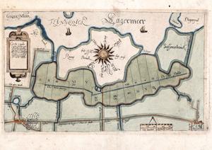 Kaart van 1624 met de kavels in de polder na de droogmaking. De elf percelen waren al vóór de droogmaking door de eerste eigenaren gekocht. De Cleijpolder bleef van de eigenaar die vóór de droogmaking het water bezat. (Jan Pieterszoon Dou, 1624.)