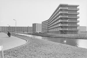 Flatwoningen in de Ooievaarstraat, gefotografeerd vanuit de Waterhoenstraat. (Noord-Hollands Archief, collectie Fotopersbureau De Boer, 1969.)